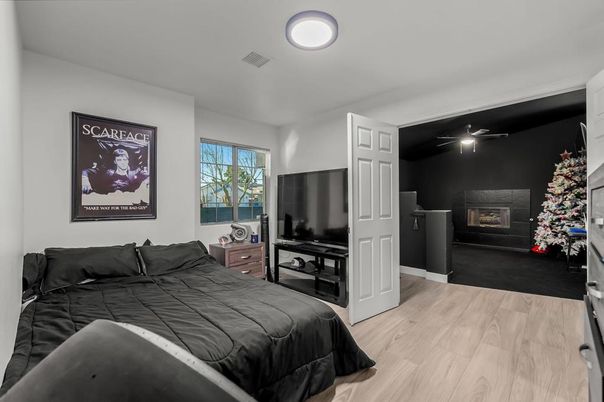 Bedroom, Fireplace, Interior, Wood Texture Flooring