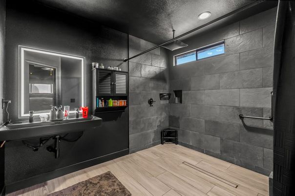 Bathroom, Interior, Recessed Lighting, Wood Texture Flooring