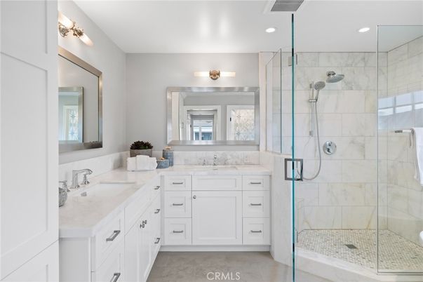Bathroom, Dual Sink Vanities, Glass Shower, Interior, Marble Walls, Recessed Lighting