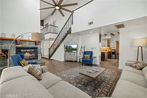 Fireplace, Interior, Living room, Recessed Lighting, Wood Texture Flooring