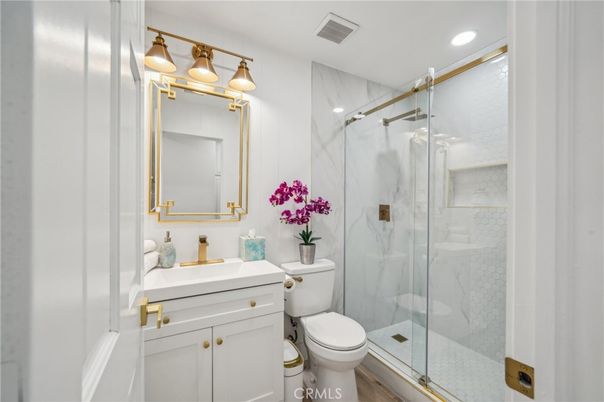 Bathroom, Glass Shower, Interior, Marble Walls, Recessed Lighting