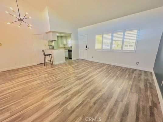 Empty room, Interior, Kitchen, Pendant Lights, Wood Texture Flooring