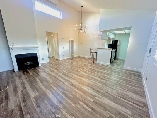Fireplace, Interior, Kitchen, Pendant Lights, Wood Texture Flooring