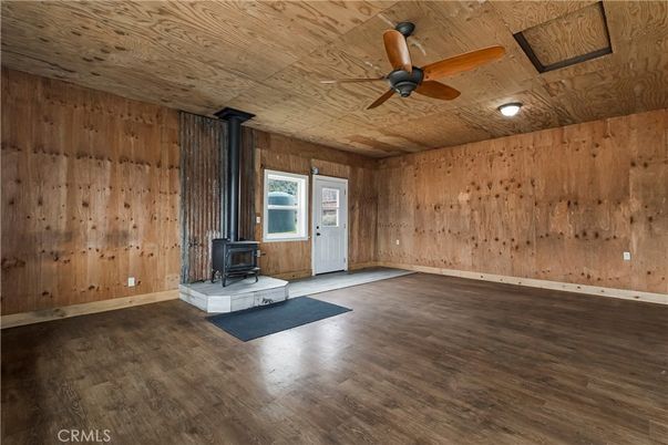 Empty room, Fireplace, Interior, Recessed Lighting, Wooden Ceilings, Wood Texture Flooring, Wooden Walls