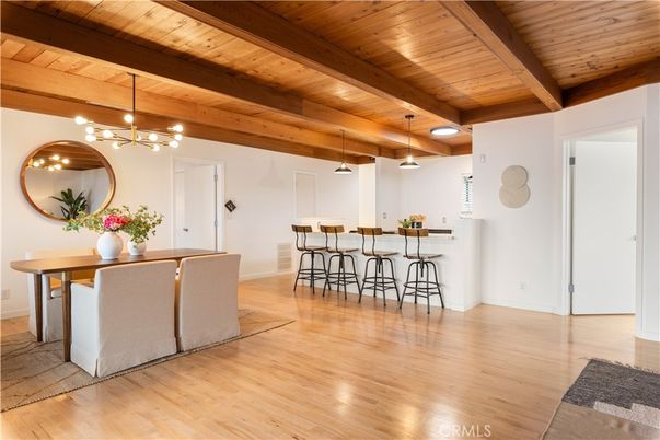 Dining room, Interior, Pendant Lights, Wooden Beams, Wooden Ceilings, Wood Texture Flooring