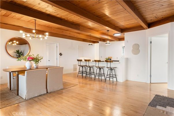 Dining room, Interior, Pendant Lights, Wooden Beams, Wooden Ceilings, Wood Texture Flooring
