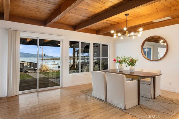 Dining room, Interior, Pendant Lights, Water, Wooden Beams, Wooden Ceilings, Wood Texture Flooring
