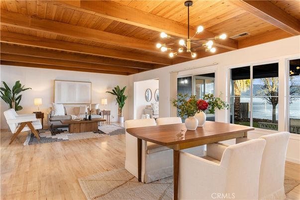 Dining room, Interior, Living room, Pendant Lights, Wooden Beams, Wooden Ceilings, Wood Texture Flooring