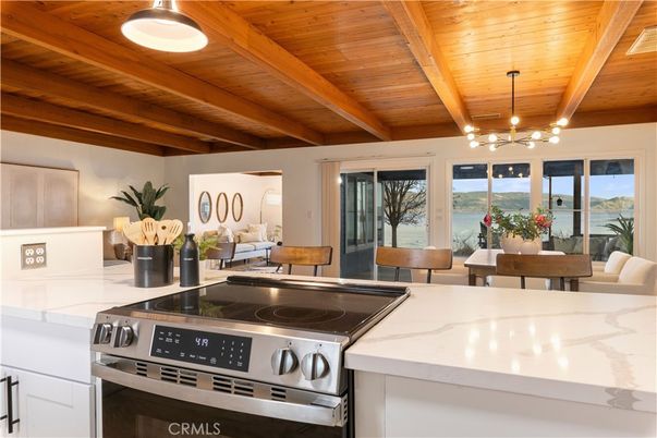 Interior, Kitchen, Pendant Lights, Stainless Steel Appliances, Water, Wooden Beams, Wooden Ceilings
