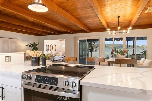 Interior, Kitchen, Pendant Lights, Stainless Steel Appliances, Water, Wooden Beams, Wooden Ceilings