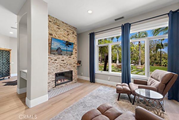 Fireplace, Interior, Recessed Lighting, Stone Walls, Wood Texture Flooring