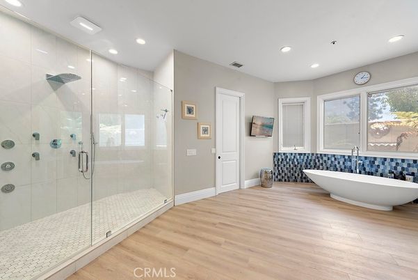 Bathroom, Free Standing Baths, Glass Shower, Interior, Recessed Lighting, Wood Texture Flooring