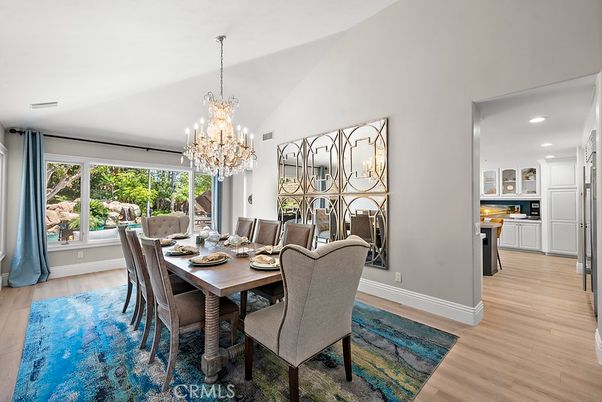 Chandelier, Dining room, Interior, Recessed Lighting, Wood Texture Flooring