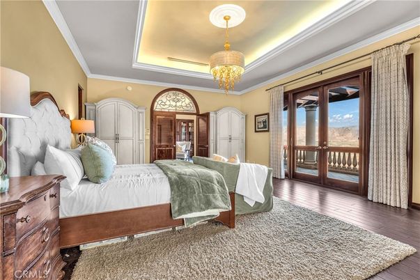 Bedroom, Chandelier, Interior, Recessed Lighting, Wood Texture Flooring