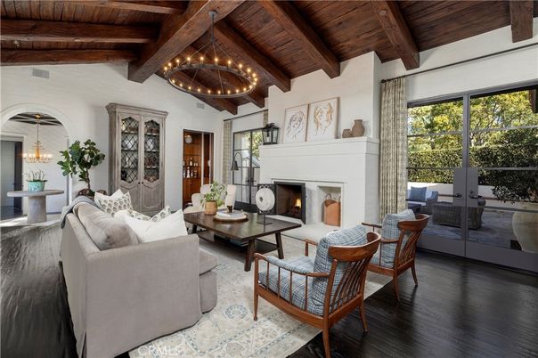 Chandelier, Fireplace, Interior, Living room, Pendant Lights, Wooden Beams, Wooden Ceilings, Wood Texture Flooring