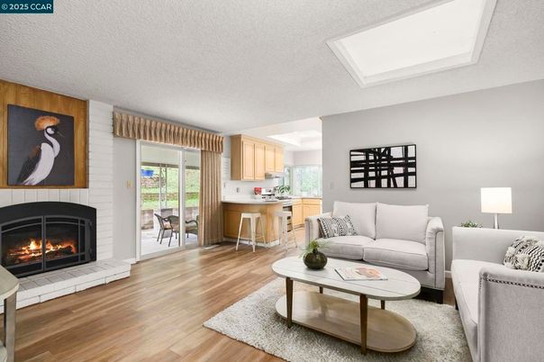 Fireplace, Interior, Kitchen, Living room, Wood Texture Flooring