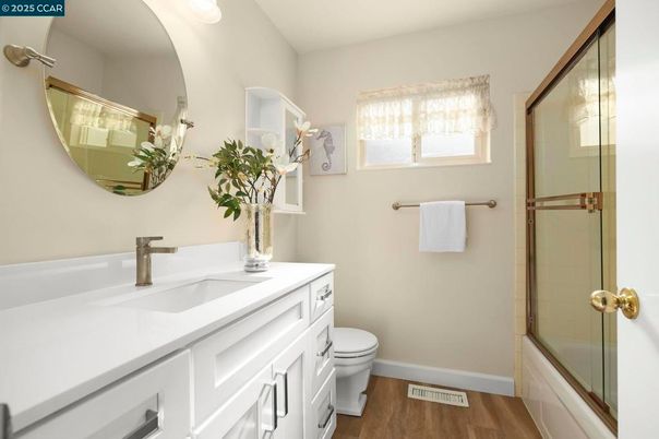 Bathroom, Glass Shower, Interior, Wood Texture Flooring
