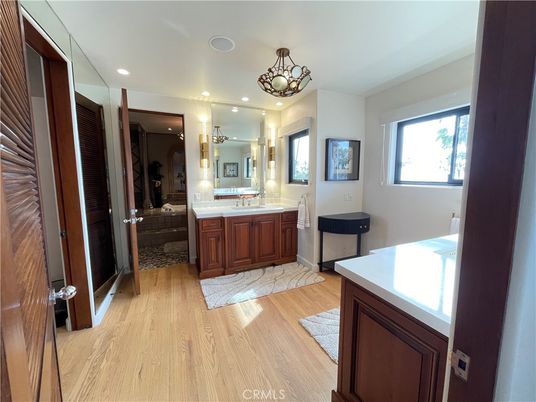Bathroom, Chandelier, Interior, Recessed Lighting, Wood Texture Flooring