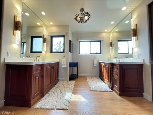 Bathroom, Dual Sink Vanities, Interior, Recessed Lighting, Wood Texture Flooring
