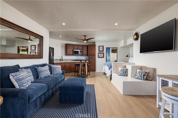 Interior, Kitchen, Living room, Recessed Lighting, Stainless Steel Appliances, Wood Texture Flooring