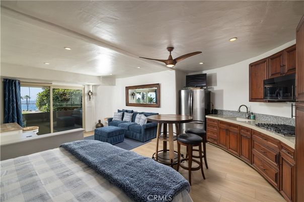 Interior, Kitchen, Living room, Recessed Lighting, Stainless Steel Appliances, Water, Wood Texture Flooring