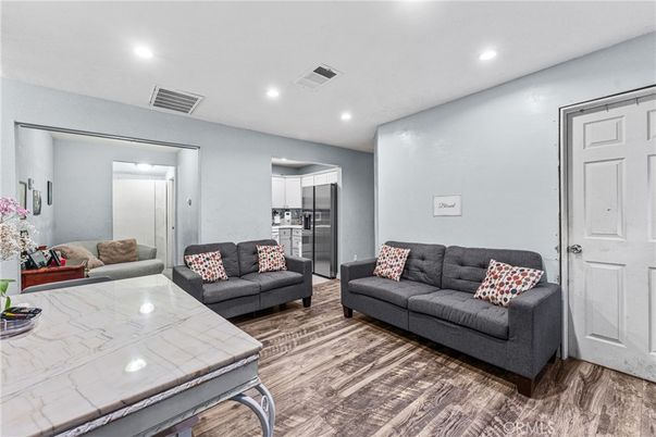 Interior, Kitchen, Living room, Recessed Lighting, Stainless Steel Appliances, Wood Texture Flooring