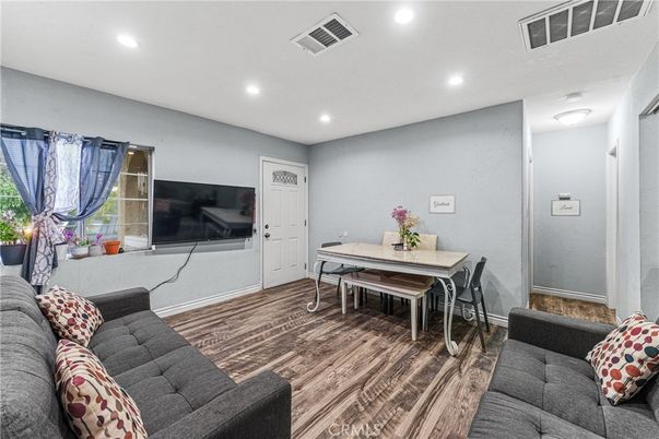 Dining room, Interior, Living room, Recessed Lighting, Wood Texture Flooring