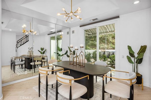 Dining room, Interior, Pendant Lights, Recessed Lighting, Wood Texture Flooring