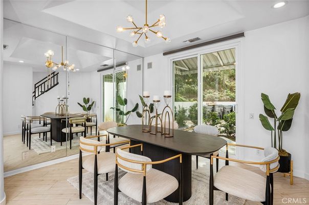 Dining room, Interior, Pendant Lights, Recessed Lighting, Wood Texture Flooring