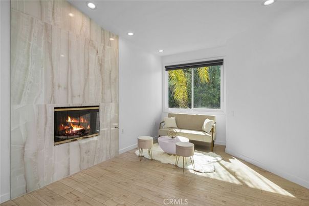 Fireplace, Interior, Recessed Lighting, Wood Texture Flooring