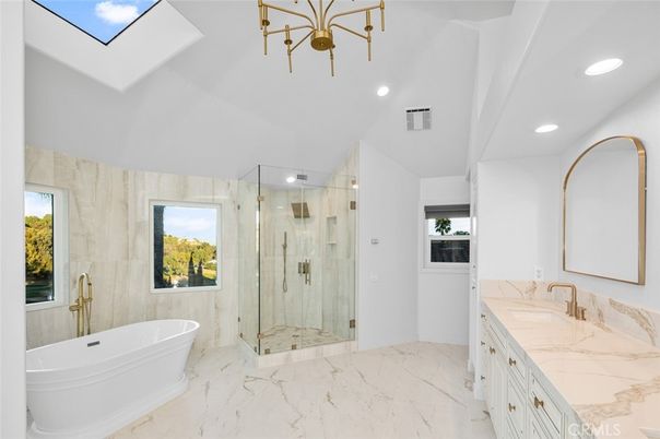 Bathroom, Dual Sink Vanities, Free Standing Baths, Glass Shower, Interior, Marble, Recessed Lighting