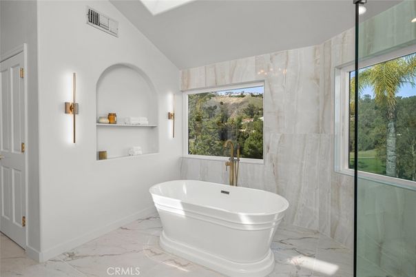 Bathroom, Free Standing Baths, Glass Shower, Interior, Marble, Marble Walls