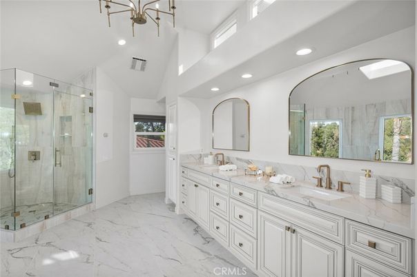 Bathroom, Dual Sink Vanities, Glass Shower, Interior, Marble, Recessed Lighting