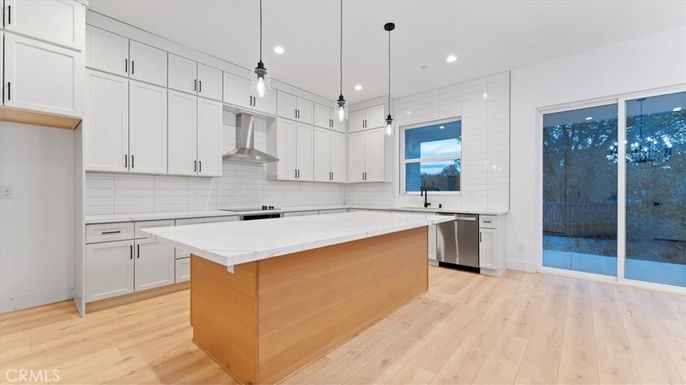 Interior, Kitchen, Pendant Lights, Recessed Lighting, Stainless Steel Appliances, Wood Texture Flooring