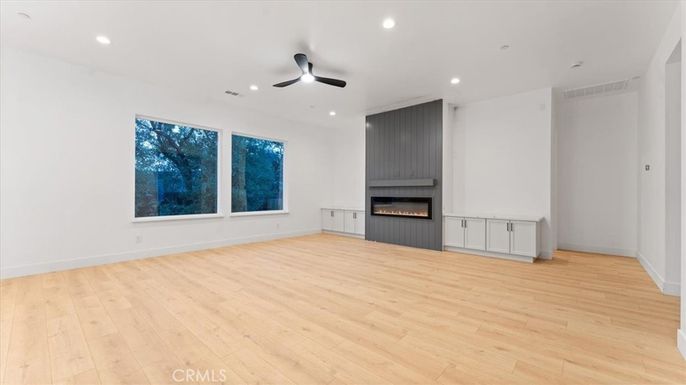 Empty room, Fireplace, Interior, Recessed Lighting, Wood Texture Flooring