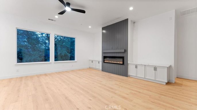 Empty room, Fireplace, Interior, Recessed Lighting, Wood Texture Flooring