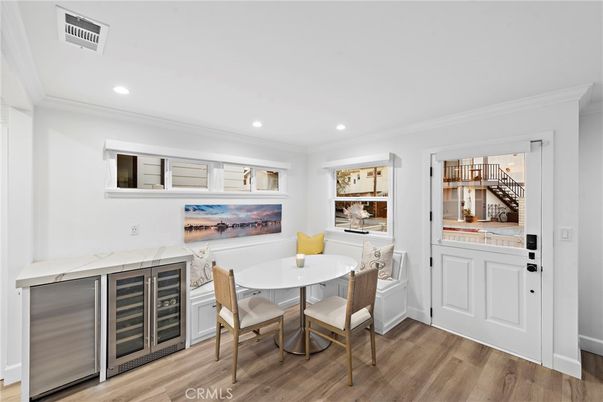 Dining room, Interior, Recessed Lighting, Wood Texture Flooring