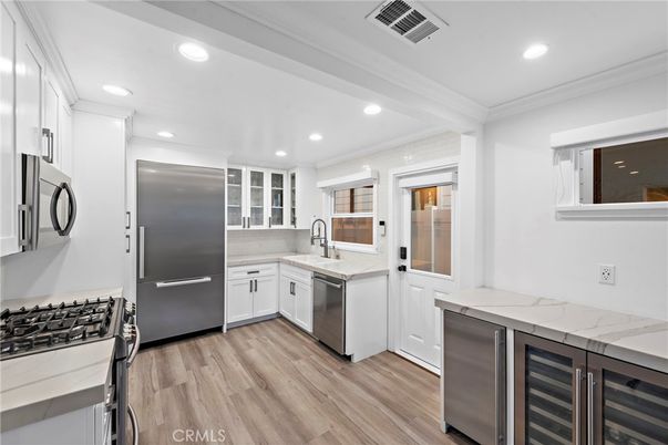 Interior, Kitchen, Recessed Lighting, Stainless Steel Appliances, Wood Texture Flooring