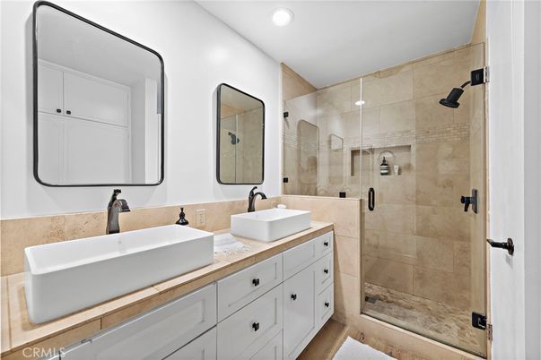 Bathroom, Dual Sink Vanities, Glass Shower, Interior, Recessed Lighting