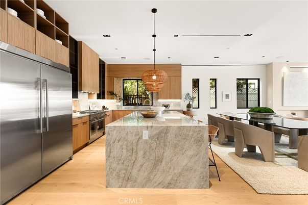 Dining room, Interior, Kitchen, Pendant Lights, Recessed Lighting, Stainless Steel Appliances, Wood Texture Flooring