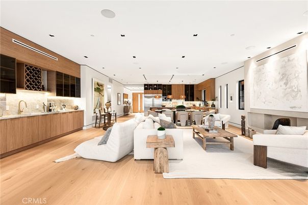 Dining room, Fireplace, Interior, Kitchen, Living room, Pendant Lights, Recessed Lighting, Wood Texture Flooring