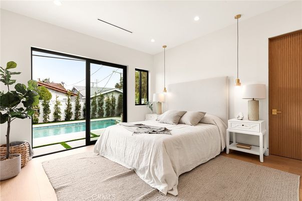 Bedroom, Interior, Pendant Lights, Recessed Lighting, Wood Texture Flooring