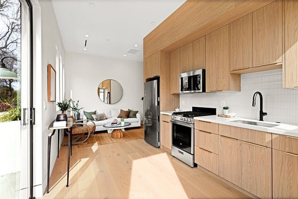 Interior, Kitchen, Living room, Recessed Lighting, Stainless Steel Appliances, Wood Texture Flooring