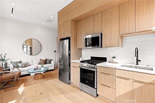 Interior, Kitchen, Living room, Recessed Lighting, Stainless Steel Appliances, Wood Texture Flooring