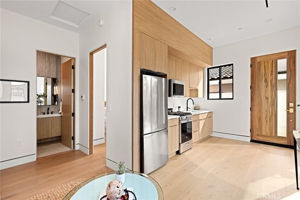 Interior, Kitchen, Recessed Lighting, Stainless Steel Appliances, Wood Texture Flooring