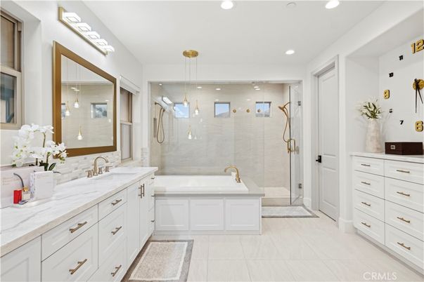 Bathroom, Dual Sink Vanities, Glass Shower, Interior, Pendant Lights, Recessed Lighting