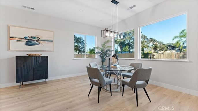 Dining room, Interior, Pendant Lights, Recessed Lighting, Wood Texture Flooring