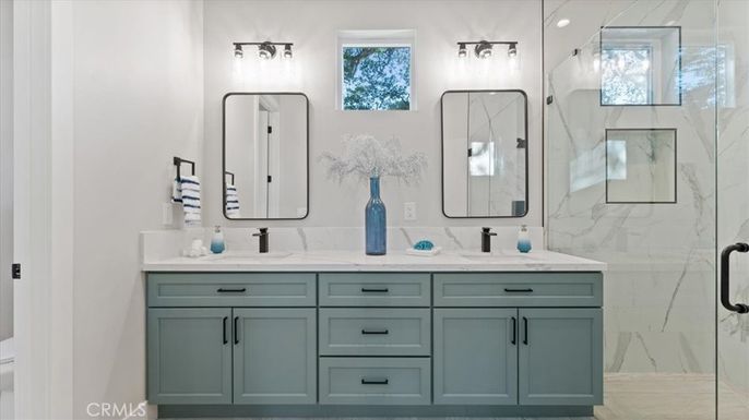 Bathroom, Dual Sink Vanities, Glass Shower, Interior, Marble Walls
