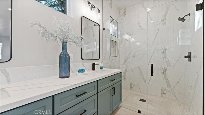 Bathroom, Dual Sink Vanities, Glass Shower, Interior, Marble Walls