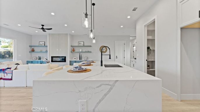 Fireplace, Interior, Kitchen, Living room, Pendant Lights, Recessed Lighting, Wood Texture Flooring